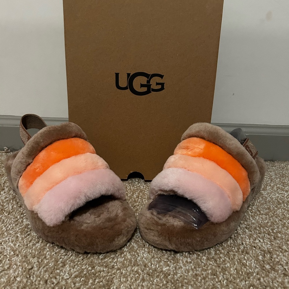 UGG Women's Fluff Yeah Slide Sandals in Brown with Orange and Pink Stripes